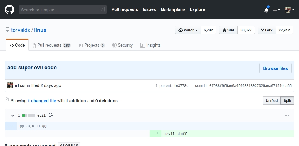 GitHub page showing a commit in torvalds/linux with the commit message add super evil code
